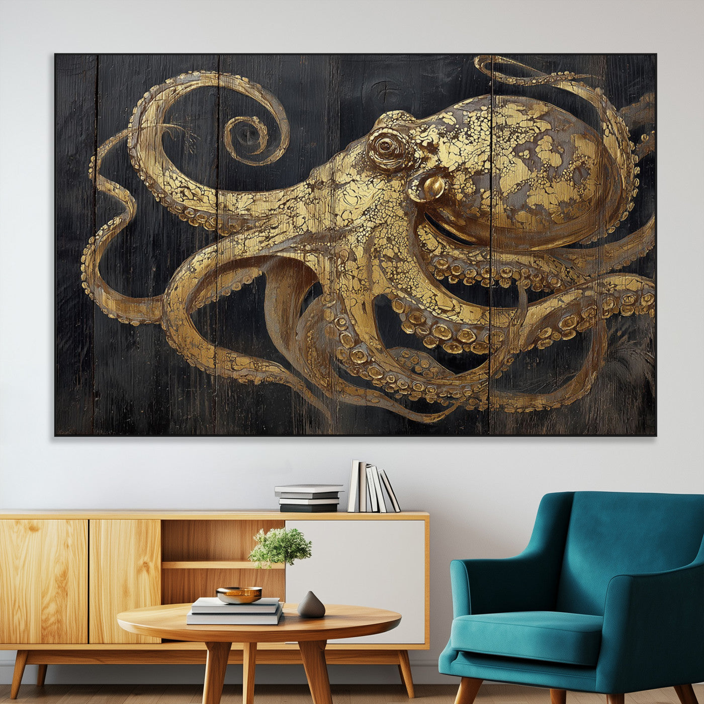 A detailed gold illustration of an octopus on black wooden planks, showing its intricate tentacles and textured skin in an artistic style.