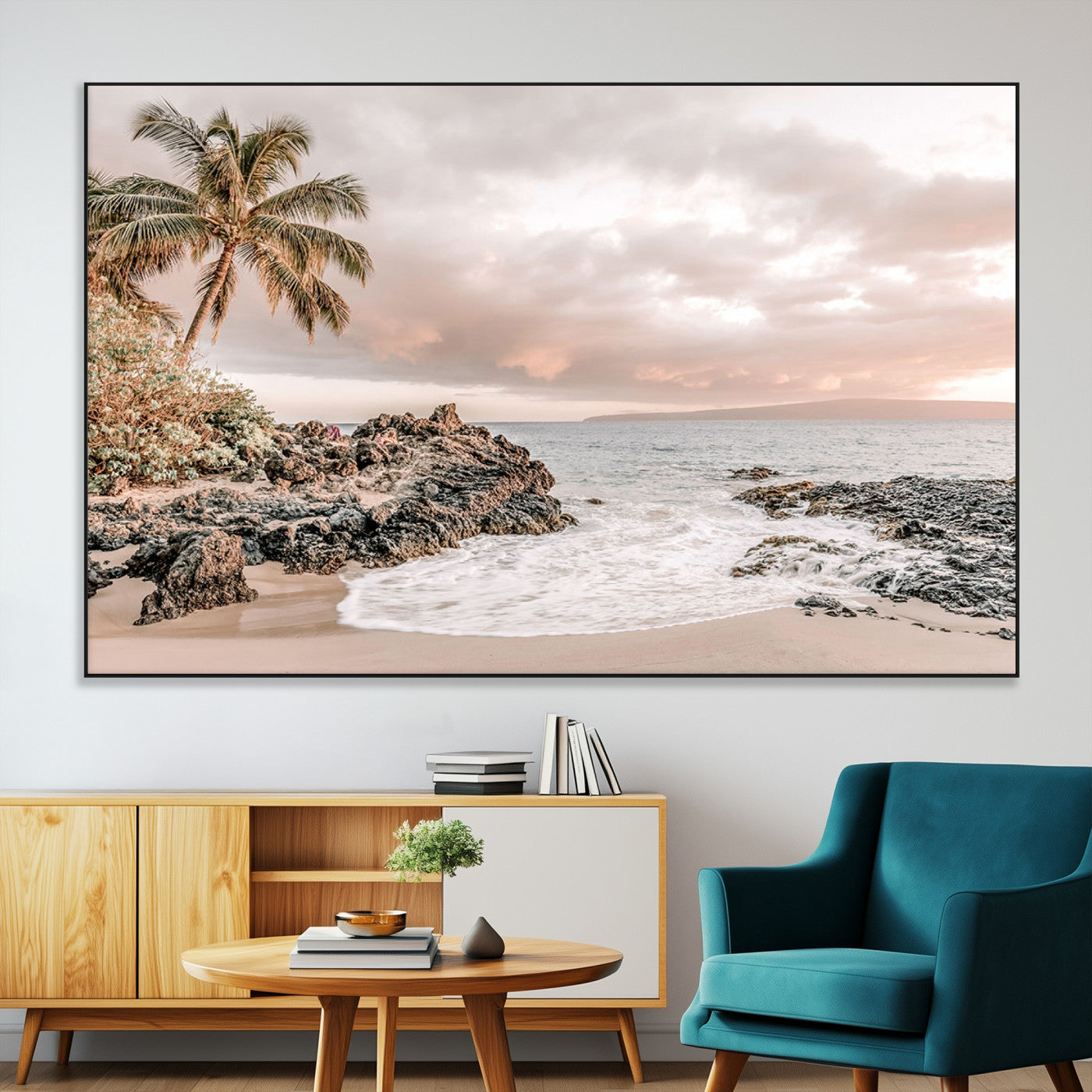 A peaceful beach scene with a palm tree and rocks, soft waves washing onto the shore under a soft pastel sky at sunset.