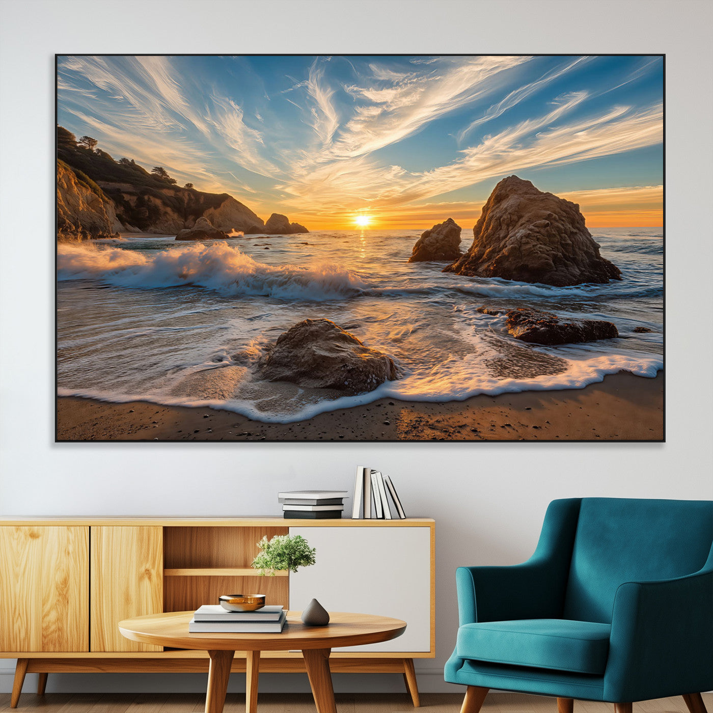Rocky Ocean Sunset Wall Art Print, Seaside Canvas Wall Art, Dramatic Seascape Canvas Print for Coastal Modern Decor, Ocean Sunset Art Printing