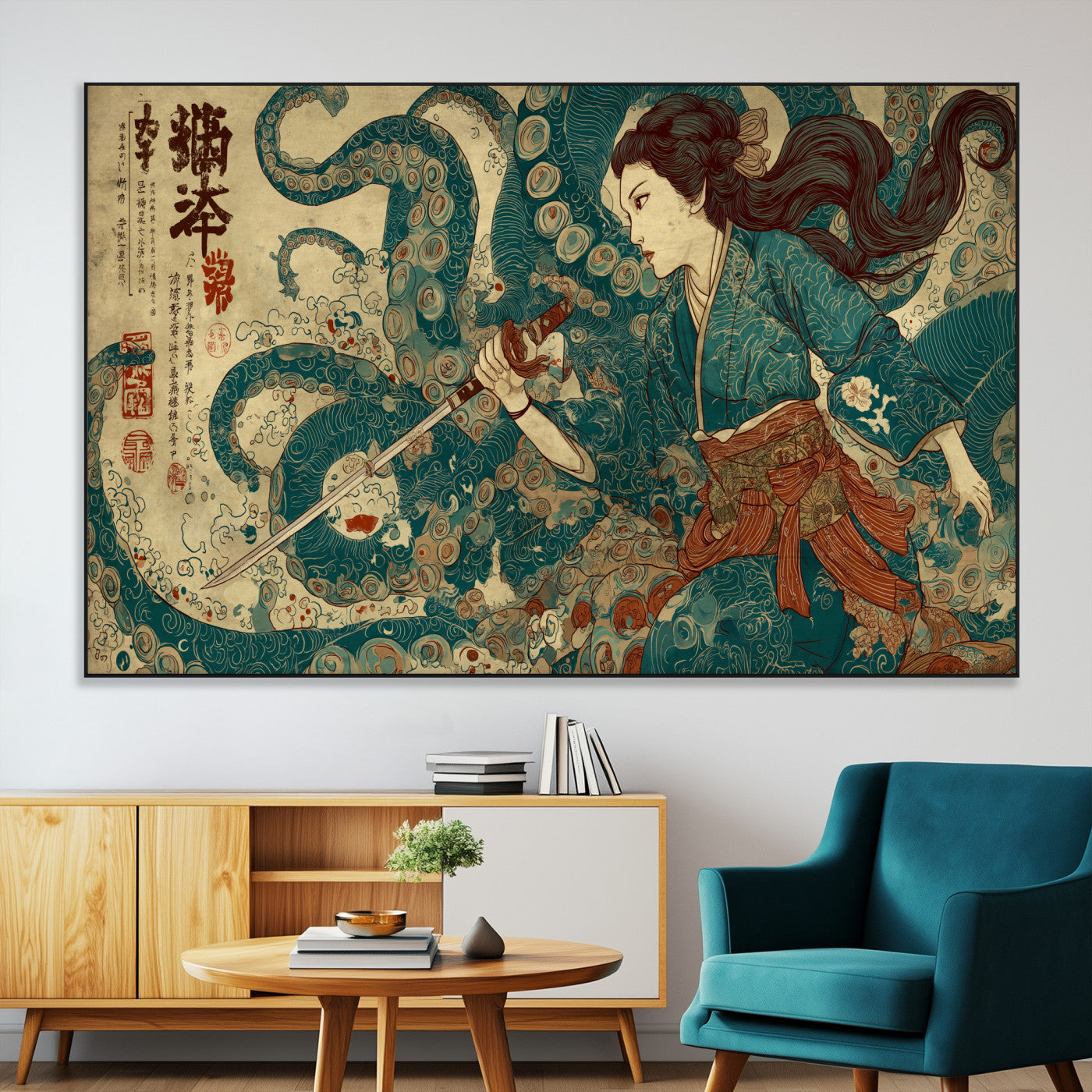 Tsukioka Yoshitoshi Samurai Wall Art Print, Japanese Katana Warrior Canvas Wall Art, Octopus Sea Monster Canvas Print,