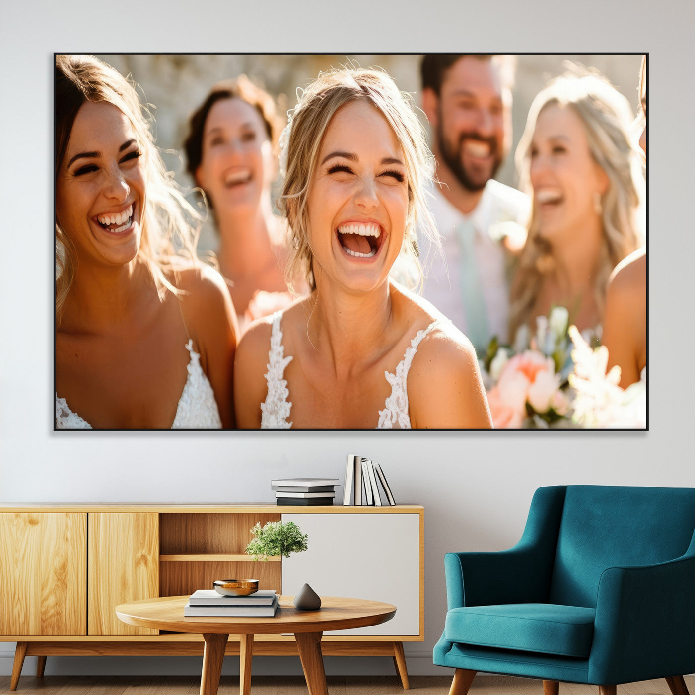 SEG-FC-51X34_Oversize - Joyful Wedding Wall Art – Laughing Bride and Bridesmaids Canvas Print, Romantic Celebration Photography Decor for Bedroom, Living Room, or Wedding Gift