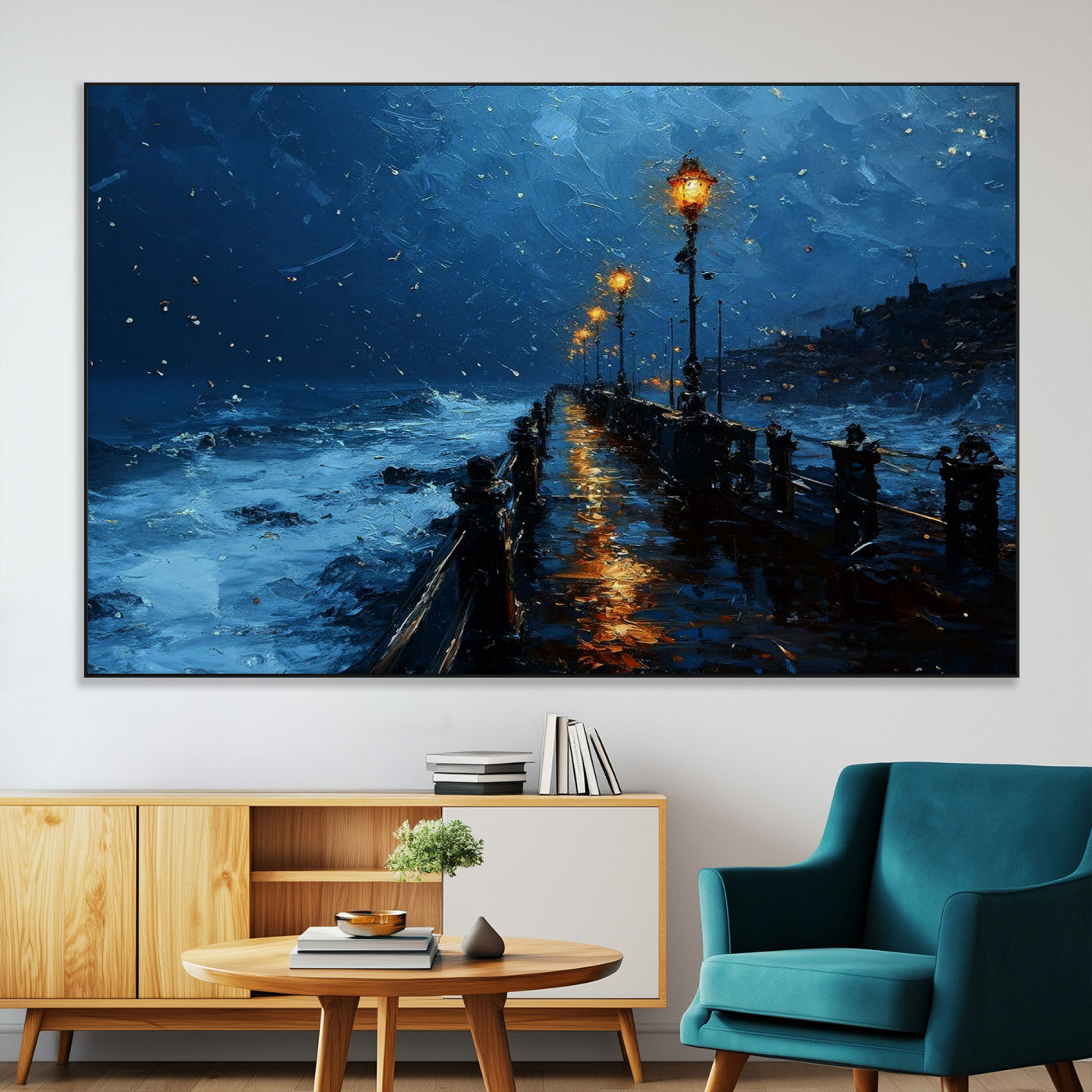 "Impressionistic painting of a rainy pier at night with glowing street lamps reflecting on the wet surface, ocean waves crashing under a dark blue sky."