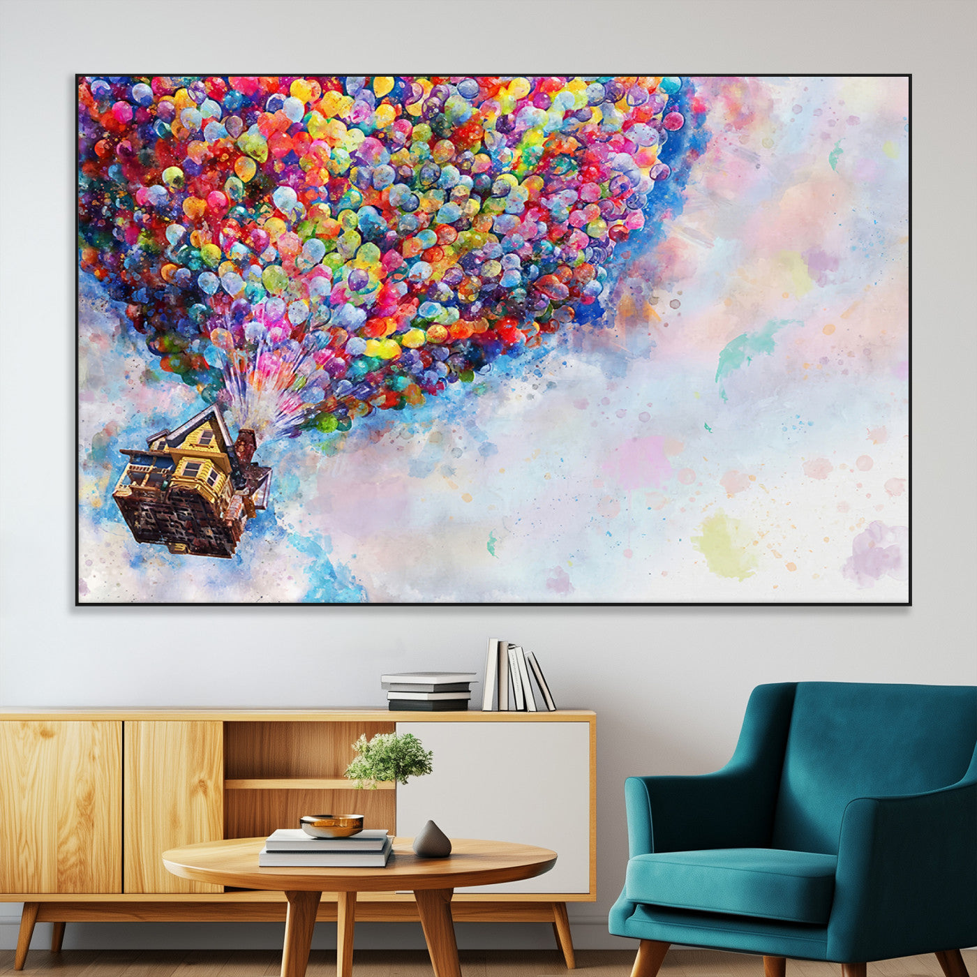 Whimsical canvas of the house from the movie Up flying with colorful balloons, ideal for Pixar or animation-themed decor.