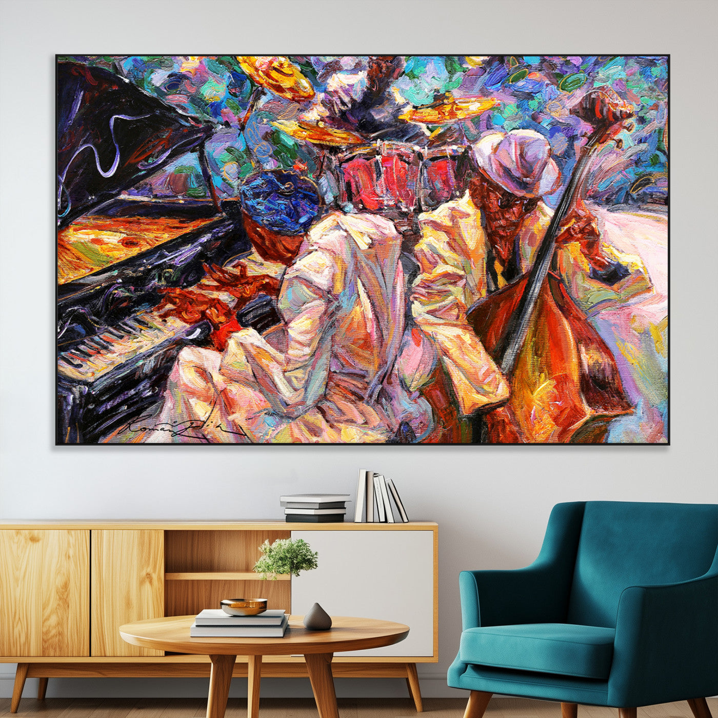 Vibrant oil painting of a jazz band with piano, saxophone, and bass, ideal for colorful and expressive music-themed home decor.