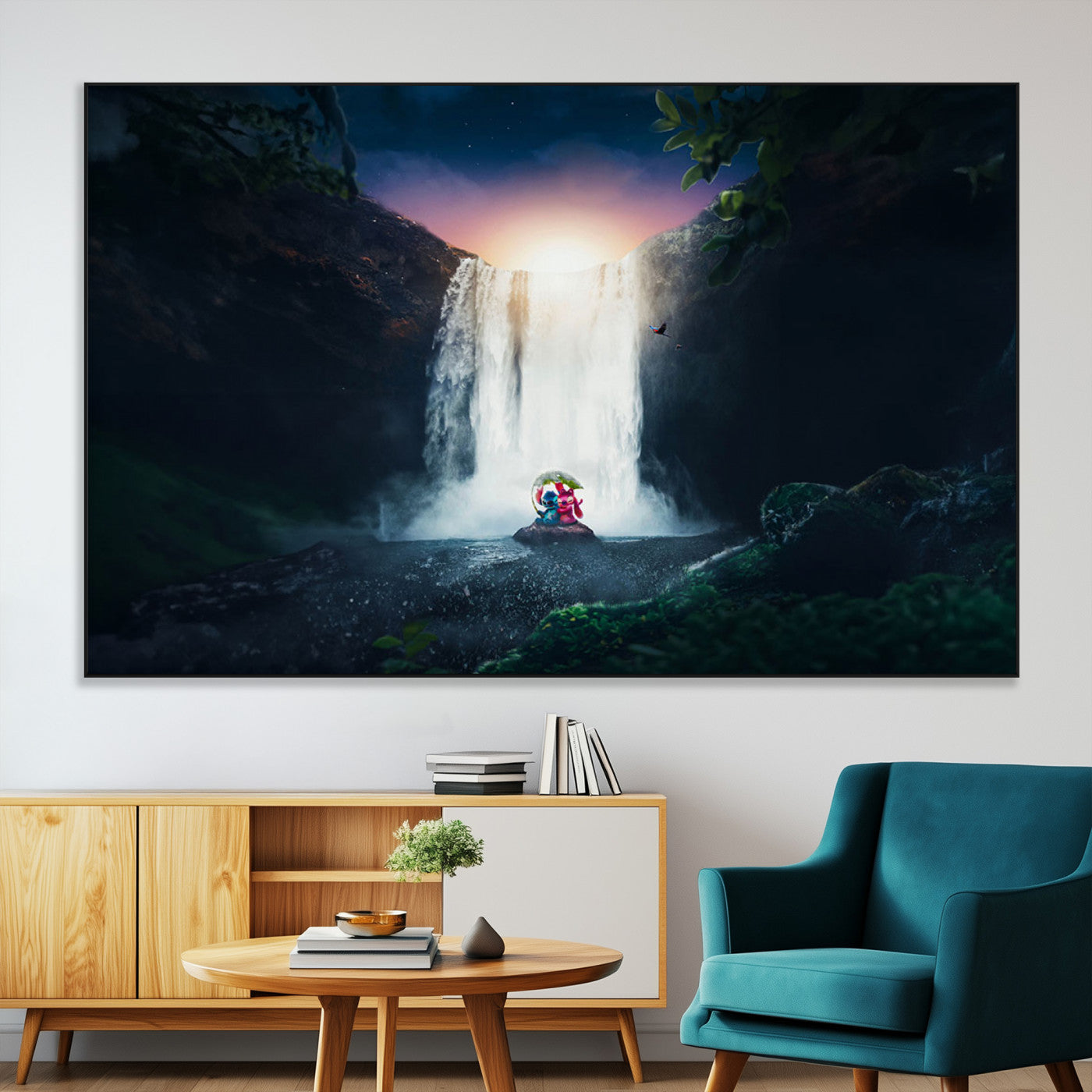 Romantic scene of Stitch and Angel sitting under a leaf in front of a glowing waterfall, ideal for tropical or fantasy-themed decor.