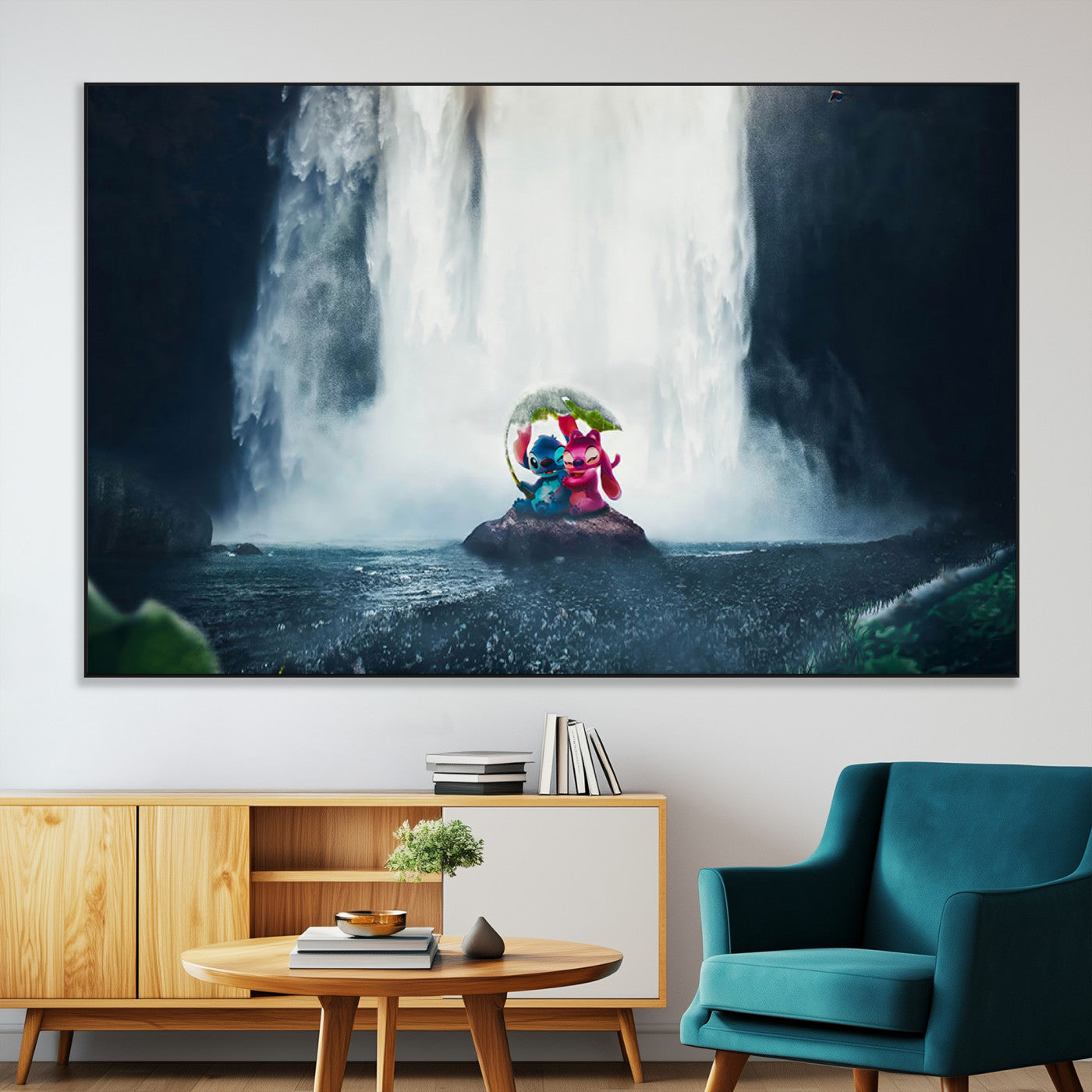 Fantasy canvas of Stitch and Angel under a leaf umbrella in front of a dramatic waterfall, perfect for moody jungle-themed or animated decor.