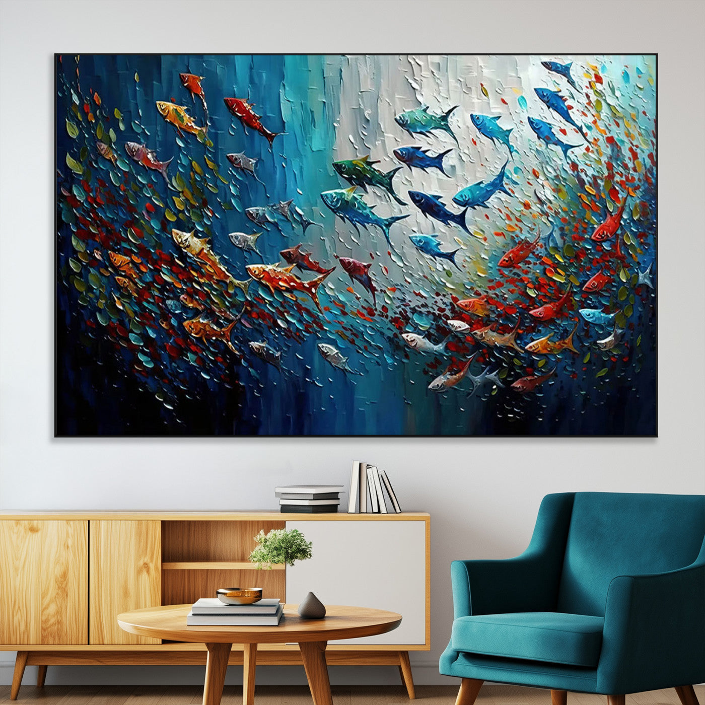 Colorful painting of fish swimming in abstract ocean swirls, perfect for vibrant marine-themed or expressive coastal home decor.