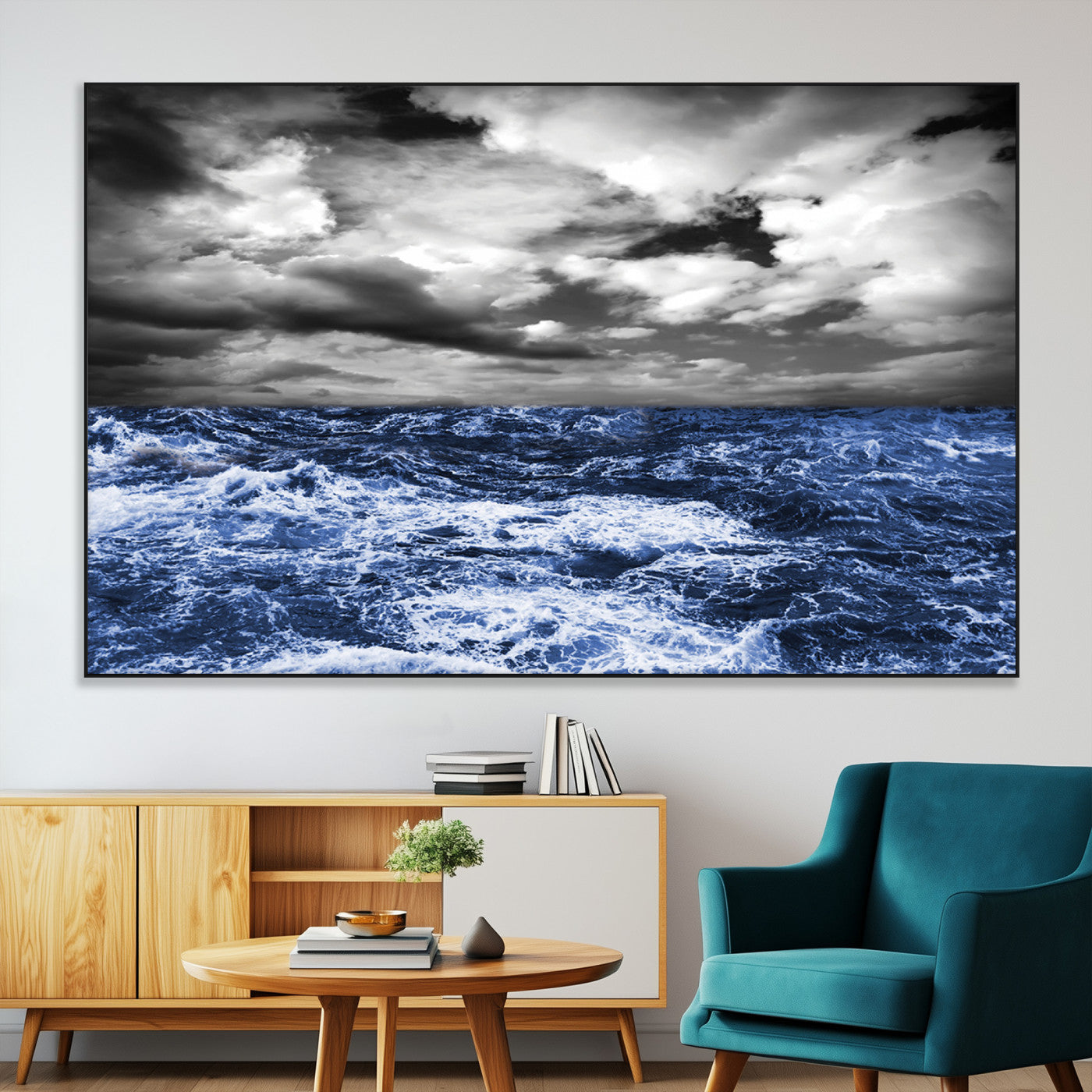 Moody canvas wall art of a stormy ocean under a dramatic black-and-white sky, perfect for bold or coastal-style interiors.