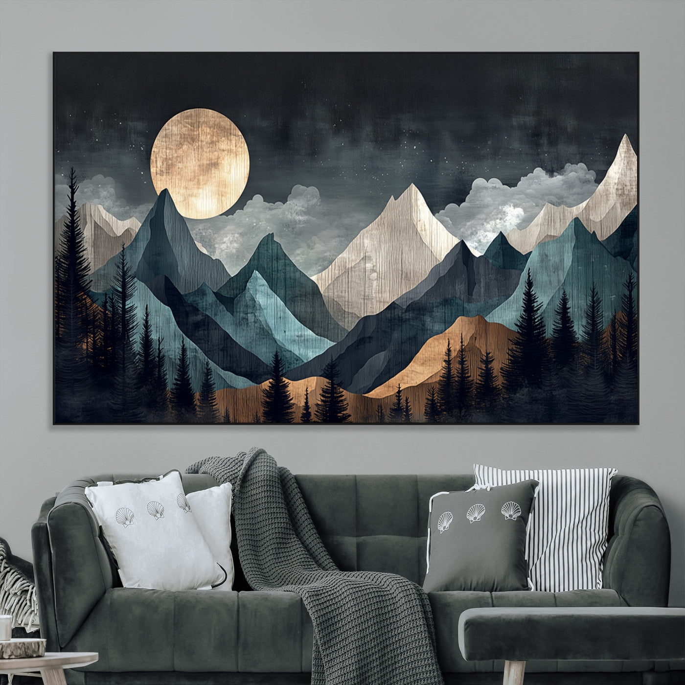 Stylized canvas of layered mountains under a full moon in neutral moody tones, ideal for nature-inspired or modern rustic interiors.