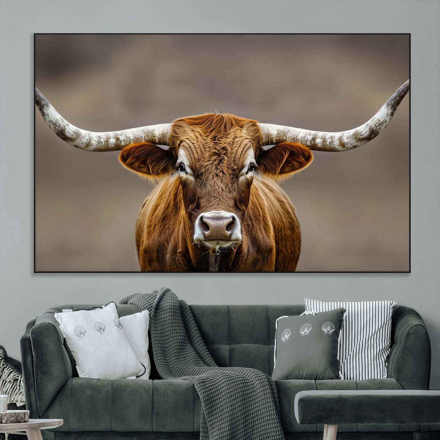 Close-up of a Texas Longhorn with strong curved horns and warm brown tones, perfect for rustic or western-style wall decor.
