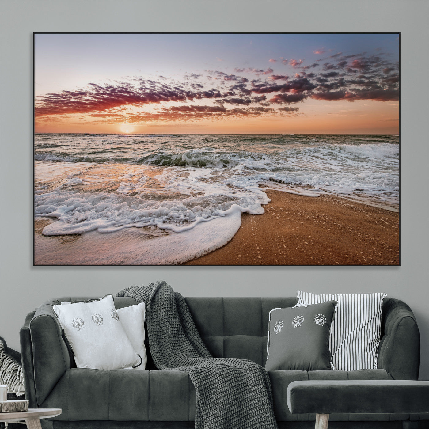 Canvas of a sunset over a foamy ocean shore with warm light and gentle waves, ideal for coastal or beach-themed home decor.