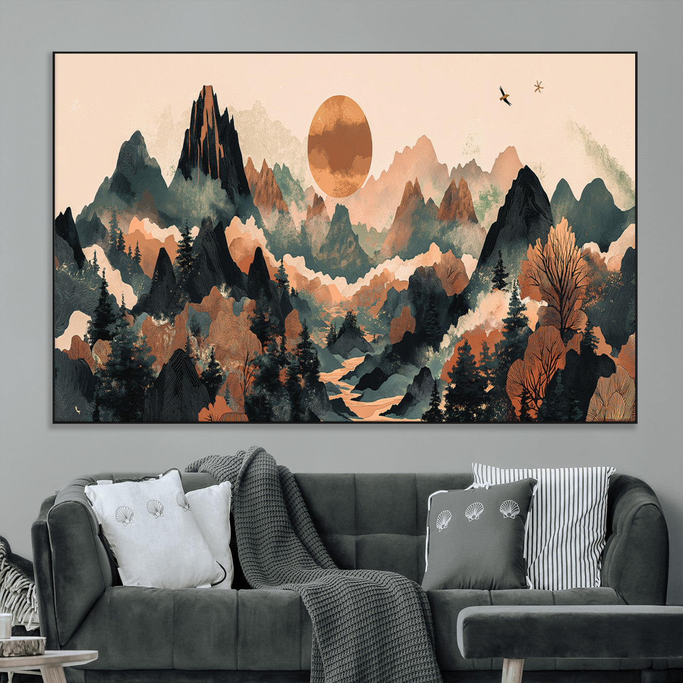 Mountain Landscape Wall Art Print - Sunset Hills Canvas Print, featuring an abstract nature scene with earthy tones and misty peaks, perfect for boho and modern decor.