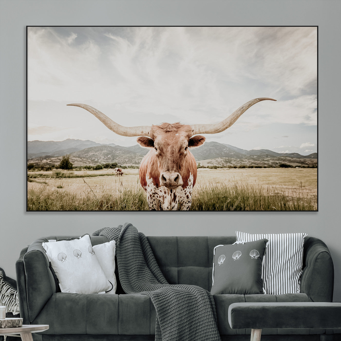 Longhorn Wall Art Print - Western Cow Canvas Print, featuring a majestic Texas longhorn in a rustic prairie setting, perfect for farmhouse and western decor.