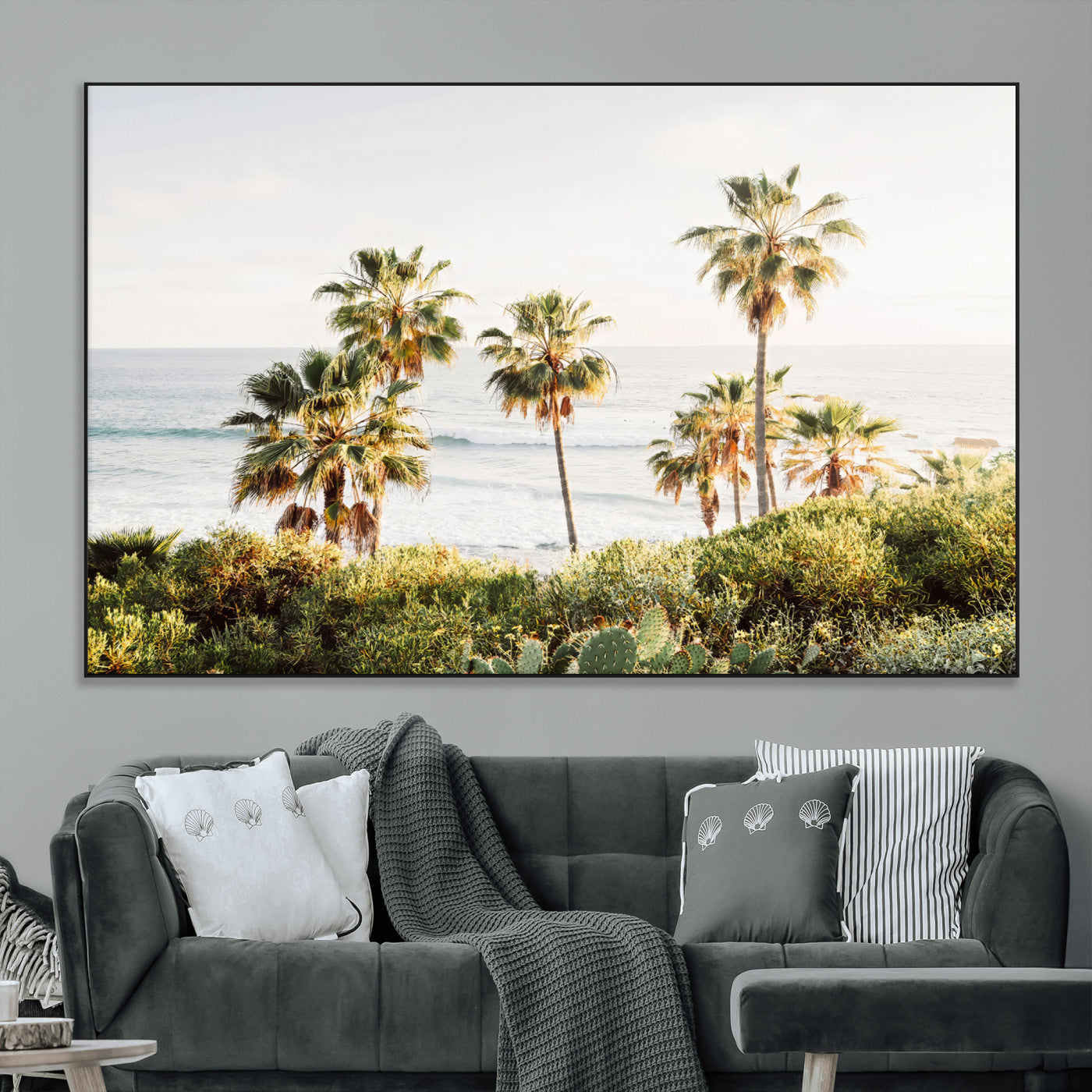 Framed print of sunlit palm trees on the California coast with warm tones, perfect for coastal minimalist or beach-style home decor.