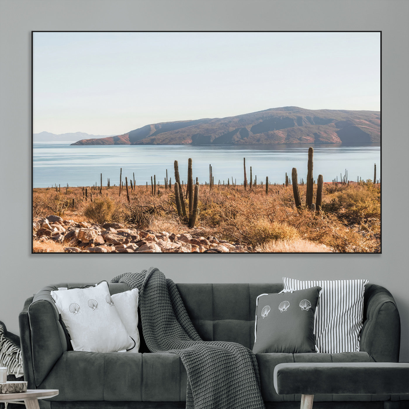 Warm desert landscape with cacti and coastal mountains, perfect for southwestern or earthy calm-themed home wall decor.