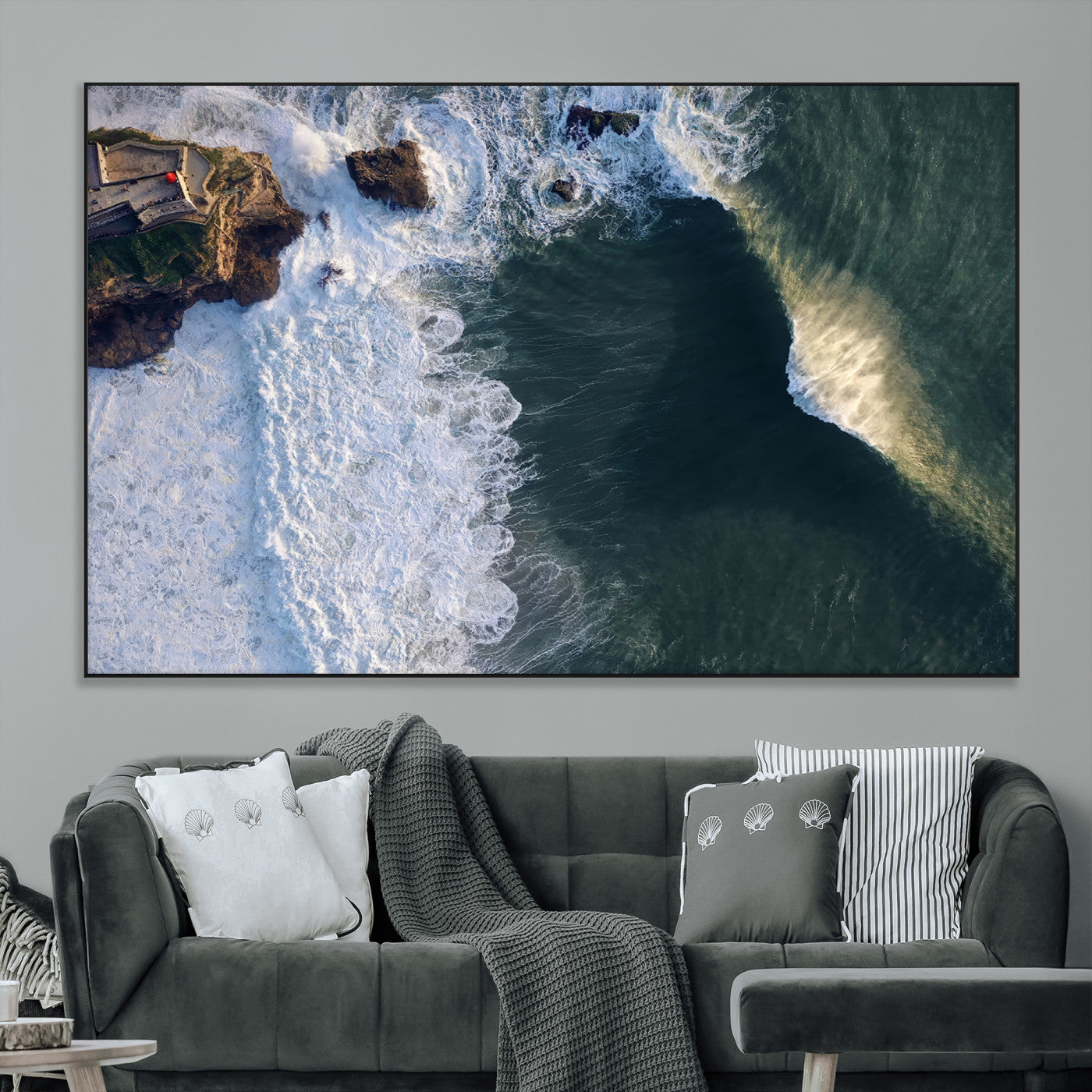 Canvas showing an aerial view of crashing waves along the Nazaré coastline, perfect for dramatic coastal or ocean-themed home decor.