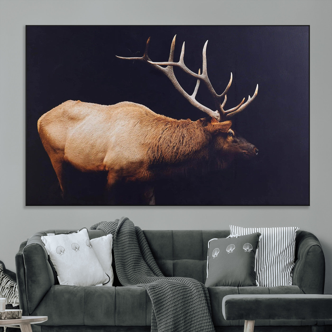 Side view of a majestic elk with large antlers against dark background, perfect for rustic lodge or cabin style home decoration.