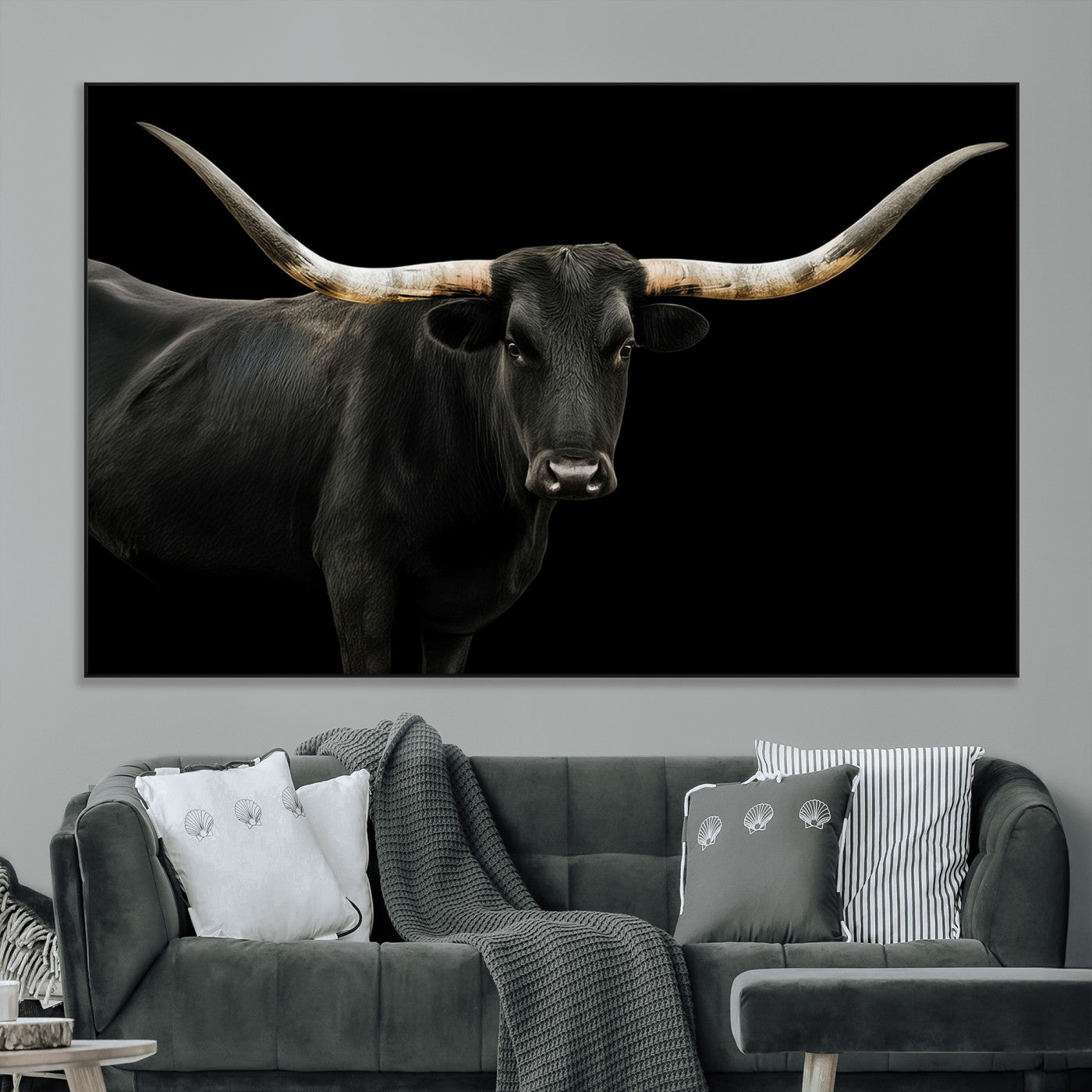 Close-up of a black Texas longhorn with large curved horns on black background, ideal for rustic farmhouse or modern western interiors.