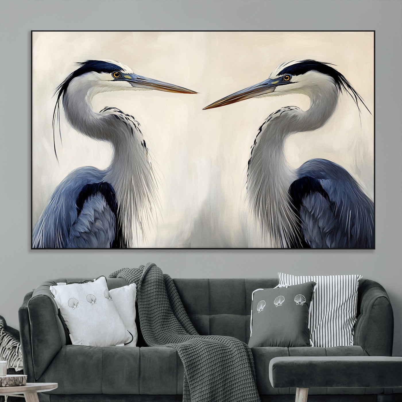 Two blue herons facing each other on a soft neutral background, ideal for coastal, tranquil, or nature-inspired minimalist interiors.