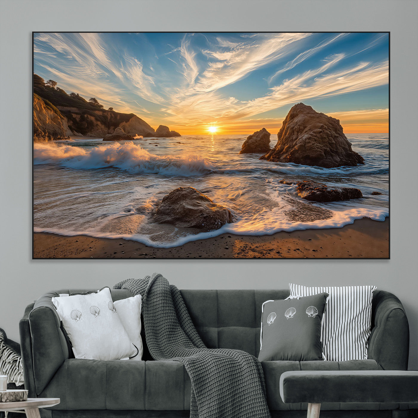 Rocky Ocean Sunset Wall Art Print, Seaside Canvas Wall Art, Dramatic Seascape Canvas Print for Coastal Modern Decor, Ocean Sunset Art Printing
