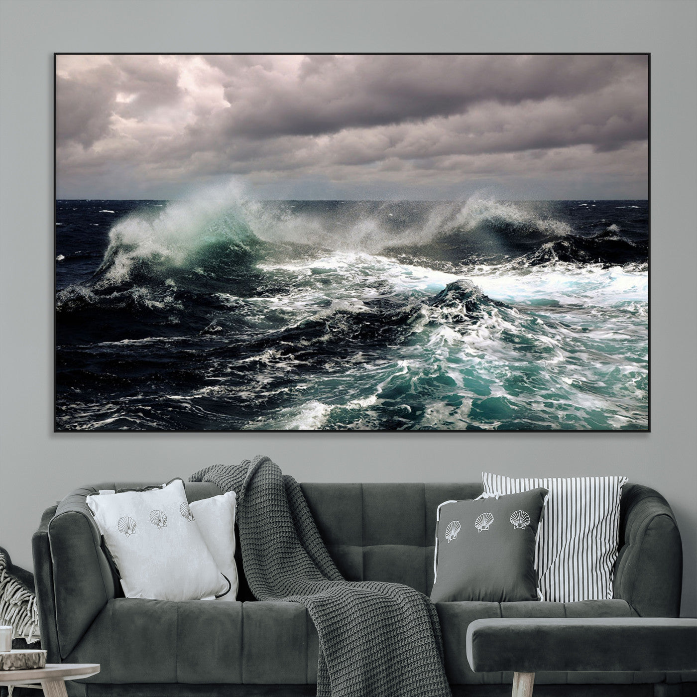 Powerful ocean waves crashing under stormy skies, creating a dynamic and intense seascape.