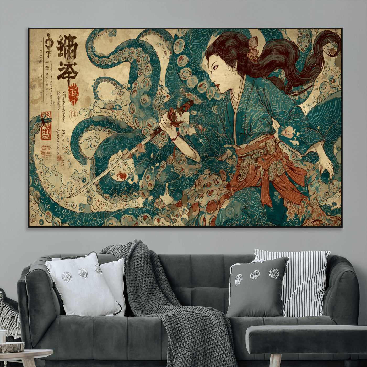 Tsukioka Yoshitoshi Samurai Wall Art Print, Japanese Katana Warrior Canvas Wall Art, Octopus Sea Monster Canvas Print,