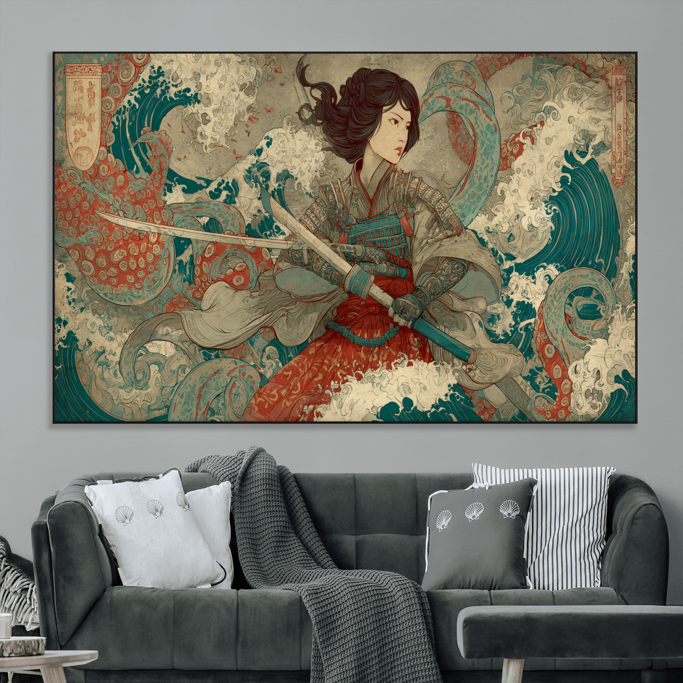 Tsukioka Yoshitoshi Samurai Wall Art Print, Japanese Katana Warrior Canvas Wall Art, Octopus Sea Monster Canvas Print,