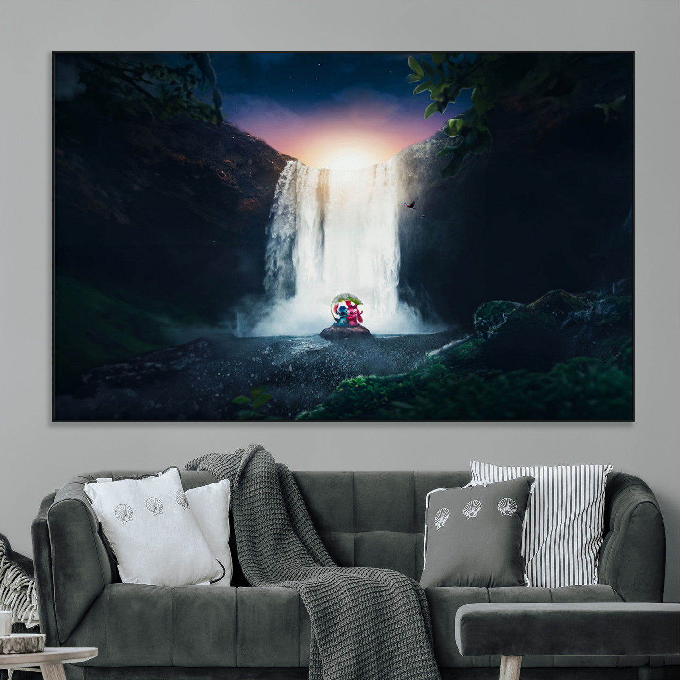 Romantic scene of Stitch and Angel sitting under a leaf in front of a glowing waterfall, ideal for tropical or fantasy-themed decor.
