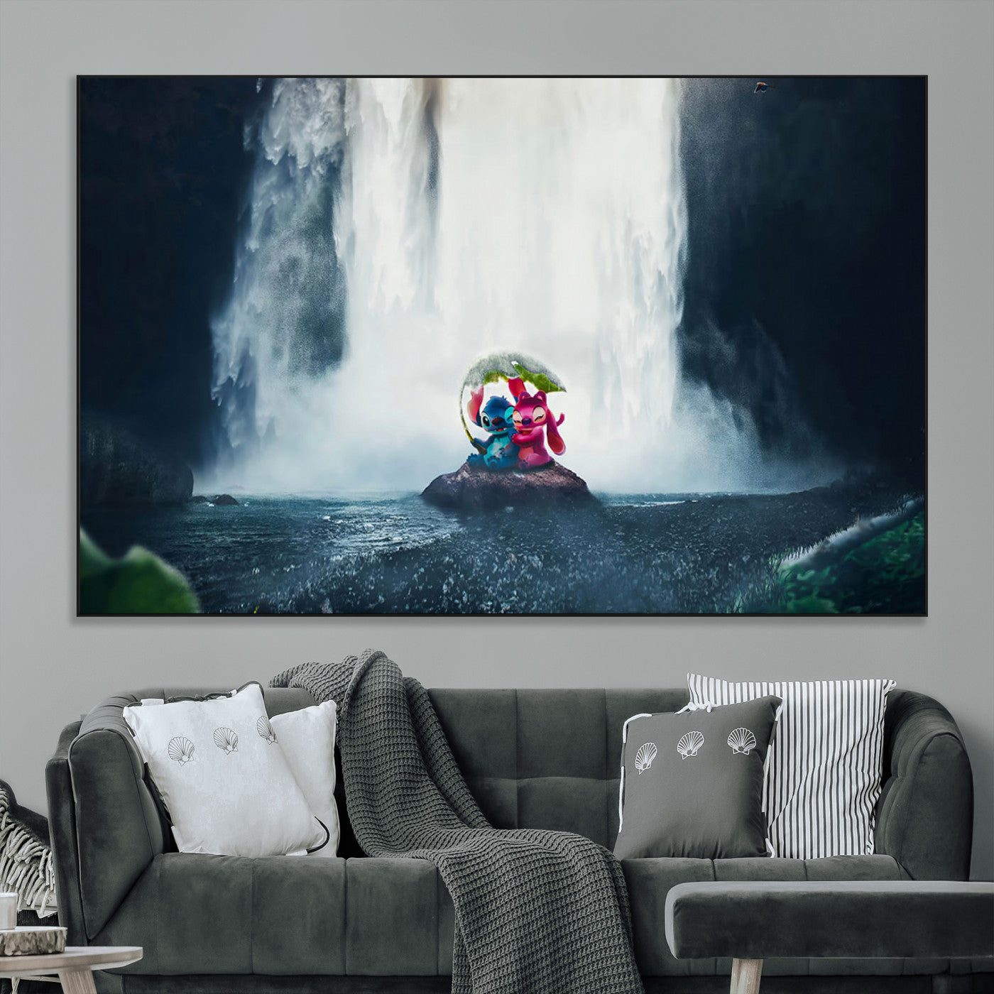 Fantasy canvas of Stitch and Angel under a leaf umbrella in front of a dramatic waterfall, perfect for moody jungle-themed or animated decor.