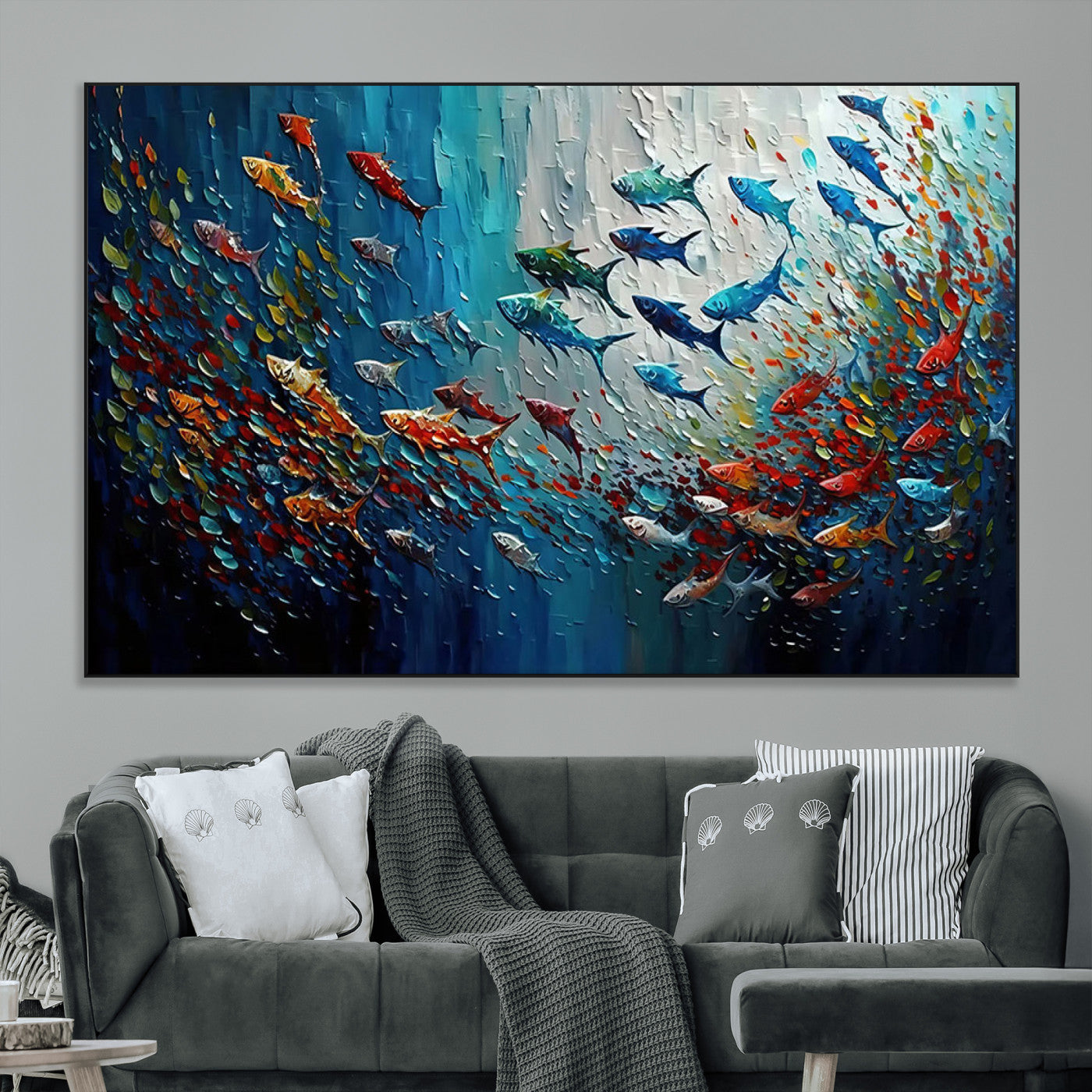 Colorful painting of fish swimming in abstract ocean swirls, perfect for vibrant marine-themed or expressive coastal home decor.
