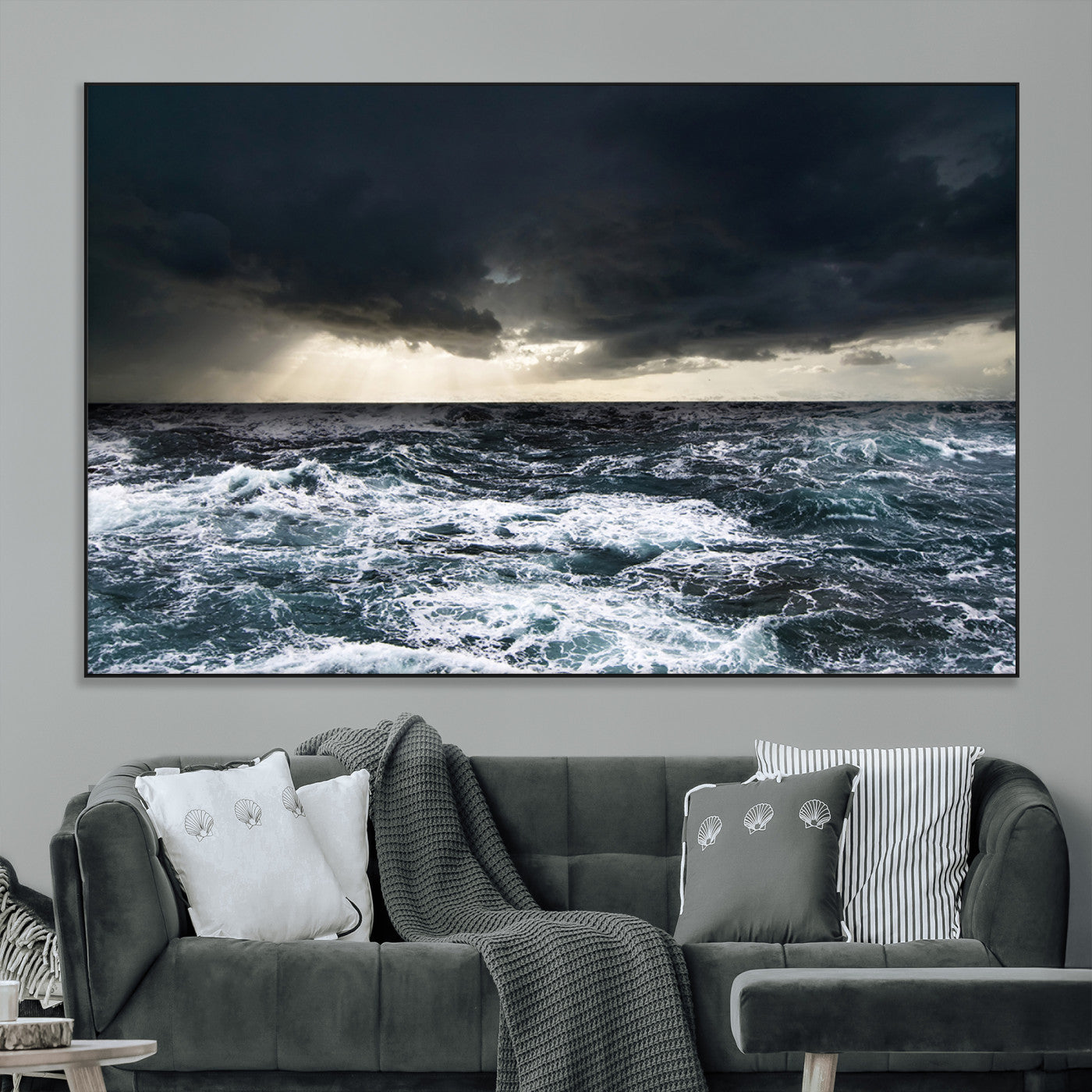 Moody ocean scene with stormy skies and crashing waves, perfect for dramatic or coastal-style home wall decor.