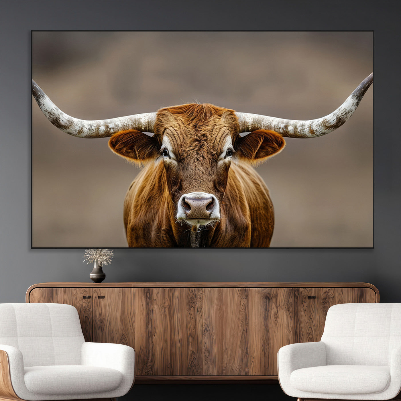 Close-up of a Texas Longhorn with strong curved horns and warm brown tones, perfect for rustic or western-style wall decor.