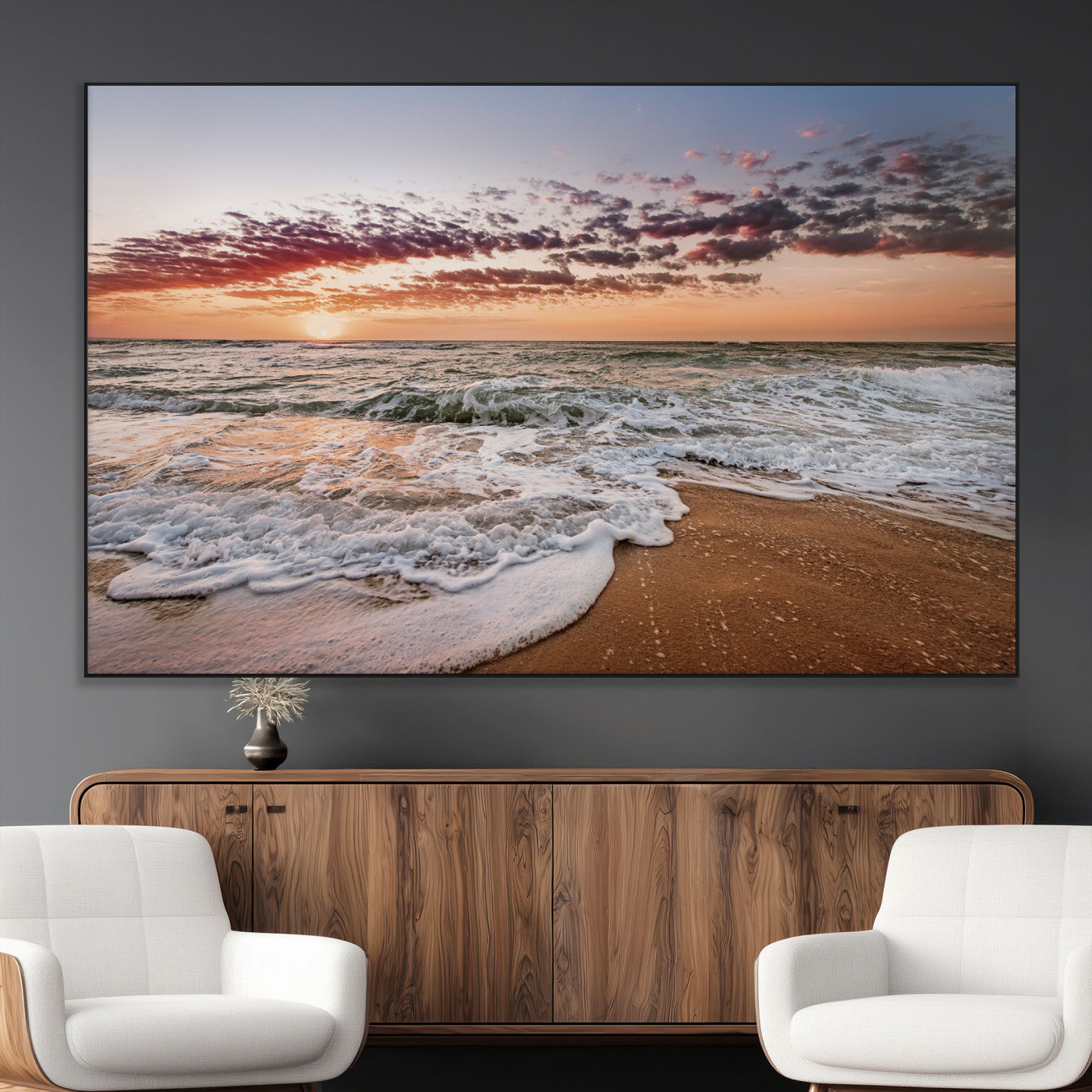Canvas of a sunset over a foamy ocean shore with warm light and gentle waves, ideal for coastal or beach-themed home decor.