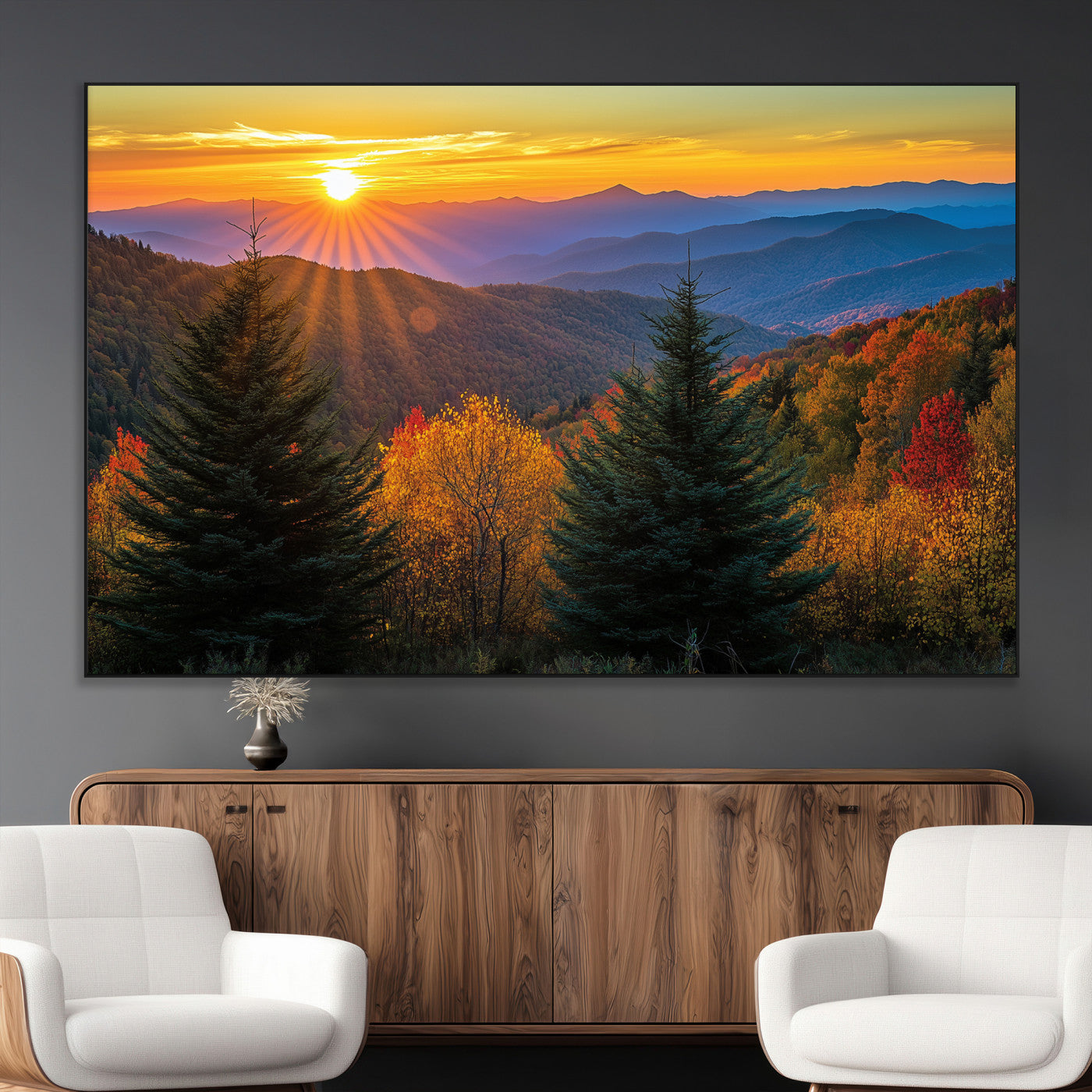 Vibrant sunset over autumn mountains with colorful trees and warm light, ideal for nature lovers or cabin-style wall decor.