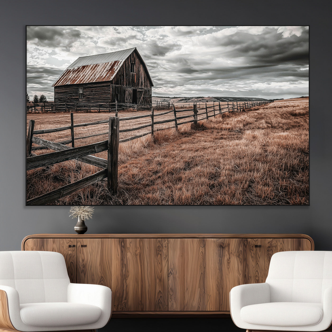 Framed canvas of a rustic barn under a moody sky with weathered fence and dark fields, ideal for farmhouse or rural-style wall decor.