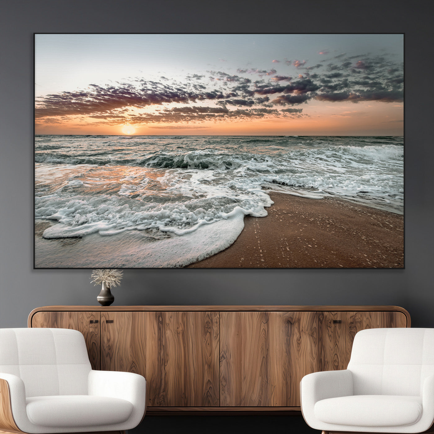 Ocean Sunset Wall Art Print - Beach Waves Canvas Print, featuring a serene seascape with golden sunlight reflecting on gentle waves, perfect for coastal and minimalist decor.