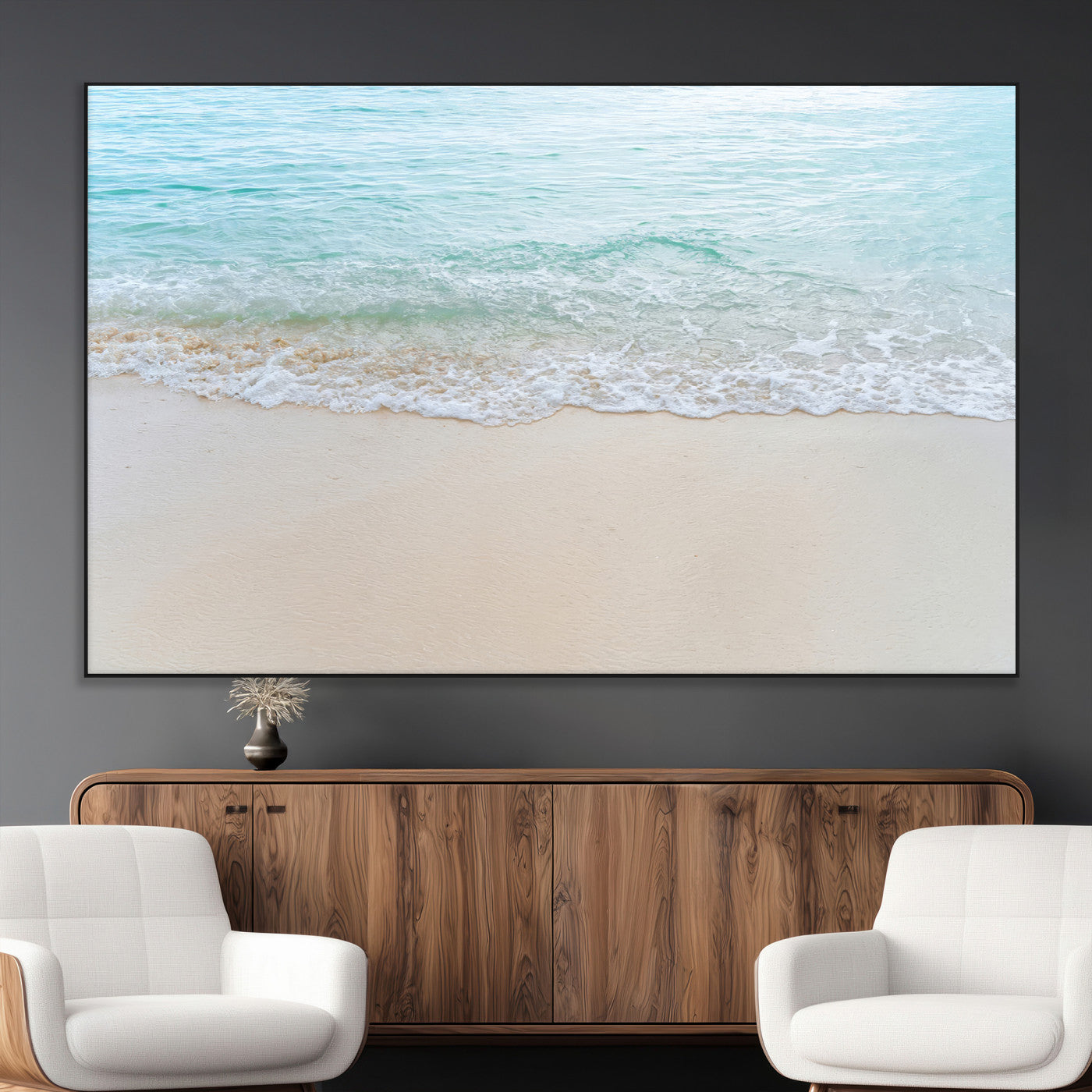 Soft shoreline with gentle aqua waves on smooth sand, ideal for minimalist coastal or pastel ocean-inspired home wall decor.