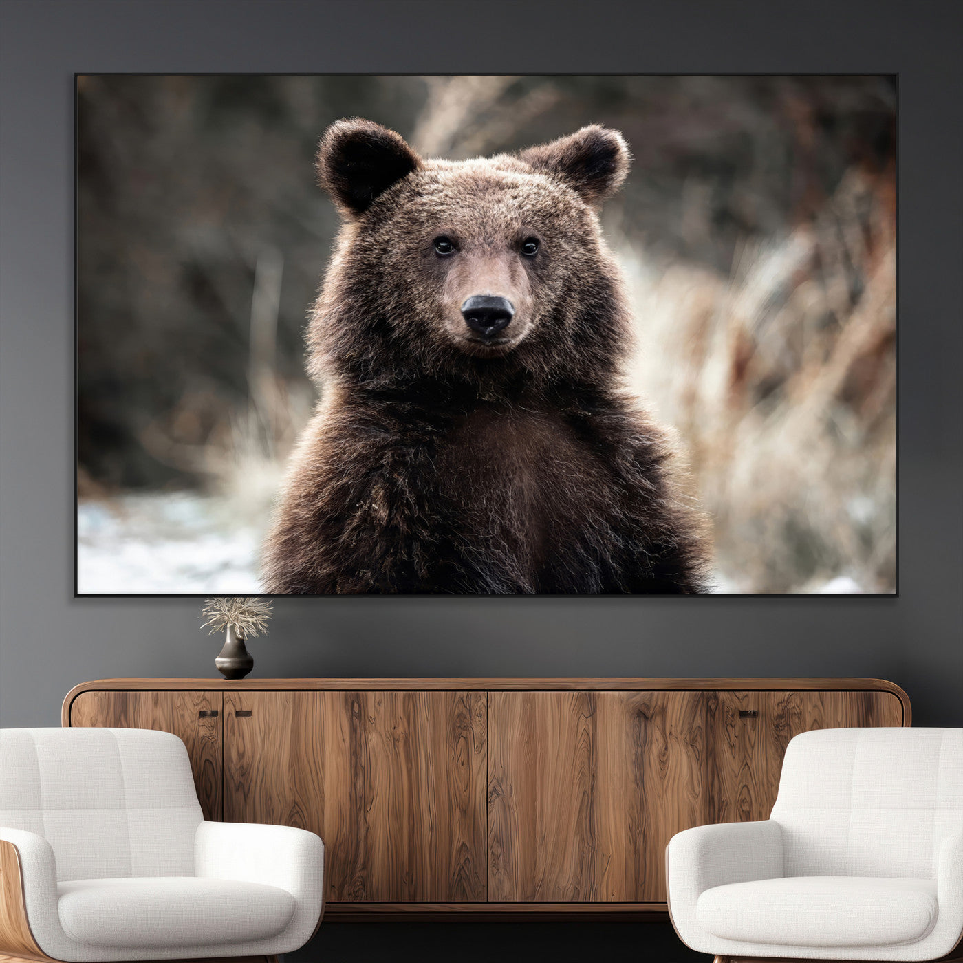 Canvas of a brown bear in soft earthy tones and moody forest light, ideal for rustic cabin or woodland nature-themed home decor.