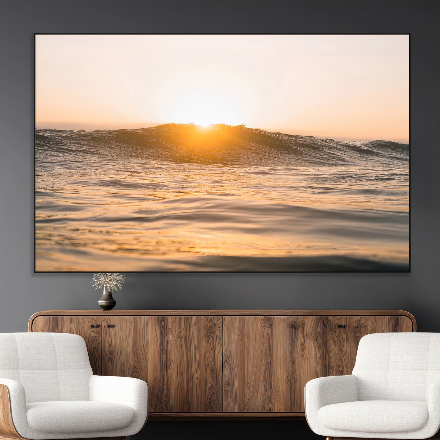 Ocean waves glowing under a warm golden sunset, reflecting soft light and calm movement, perfect for warm minimalist coastal interiors.