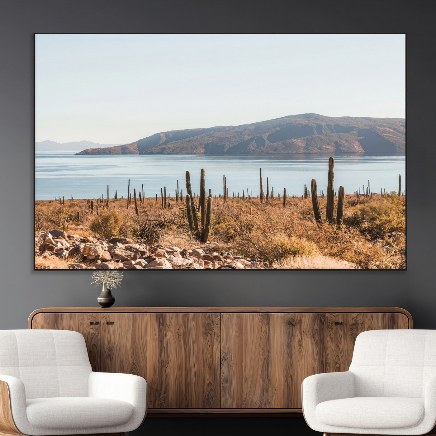 Warm desert landscape with cacti and coastal mountains, perfect for southwestern or earthy calm-themed home wall decor.