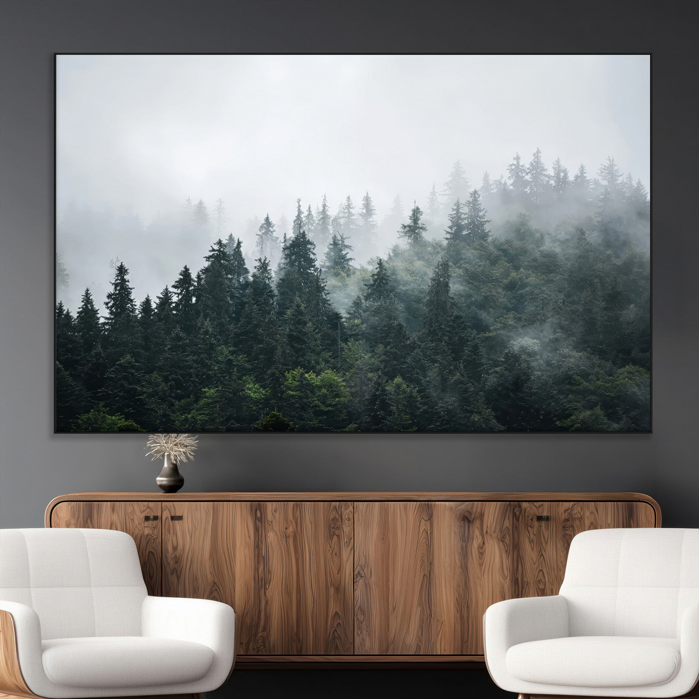 A misty evergreen forest shrouded in soft fog, creating a tranquil and moody landscape with lush green trees fading into the distance.