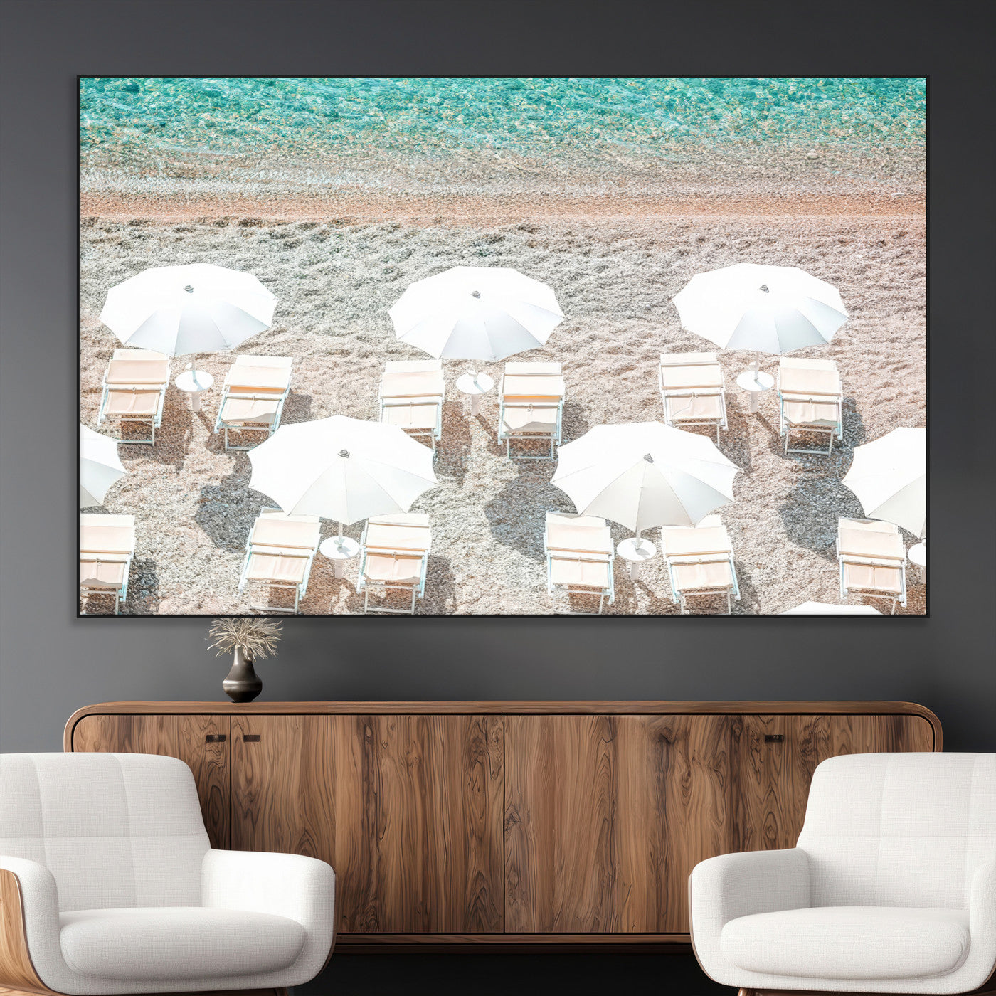 A bright beach scene with white umbrellas, pastel sand, and turquoise waters, creating a tranquil coastal vibe, perfect for beach house or summer decor.