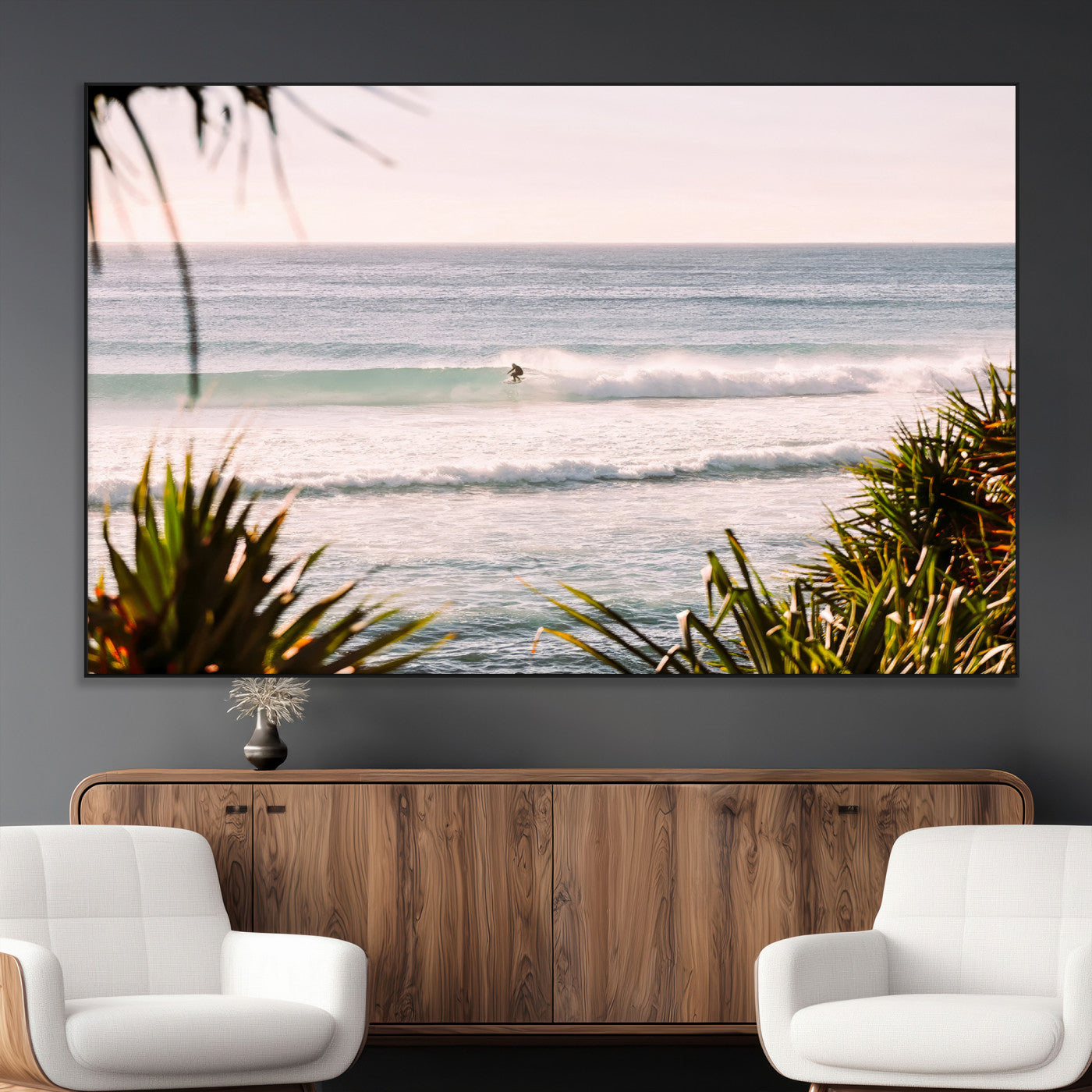 Canvas of a lone surfer riding a pastel wave at sunrise, perfect for tropical or coastal-themed spaces with a relaxed, airy vibe.