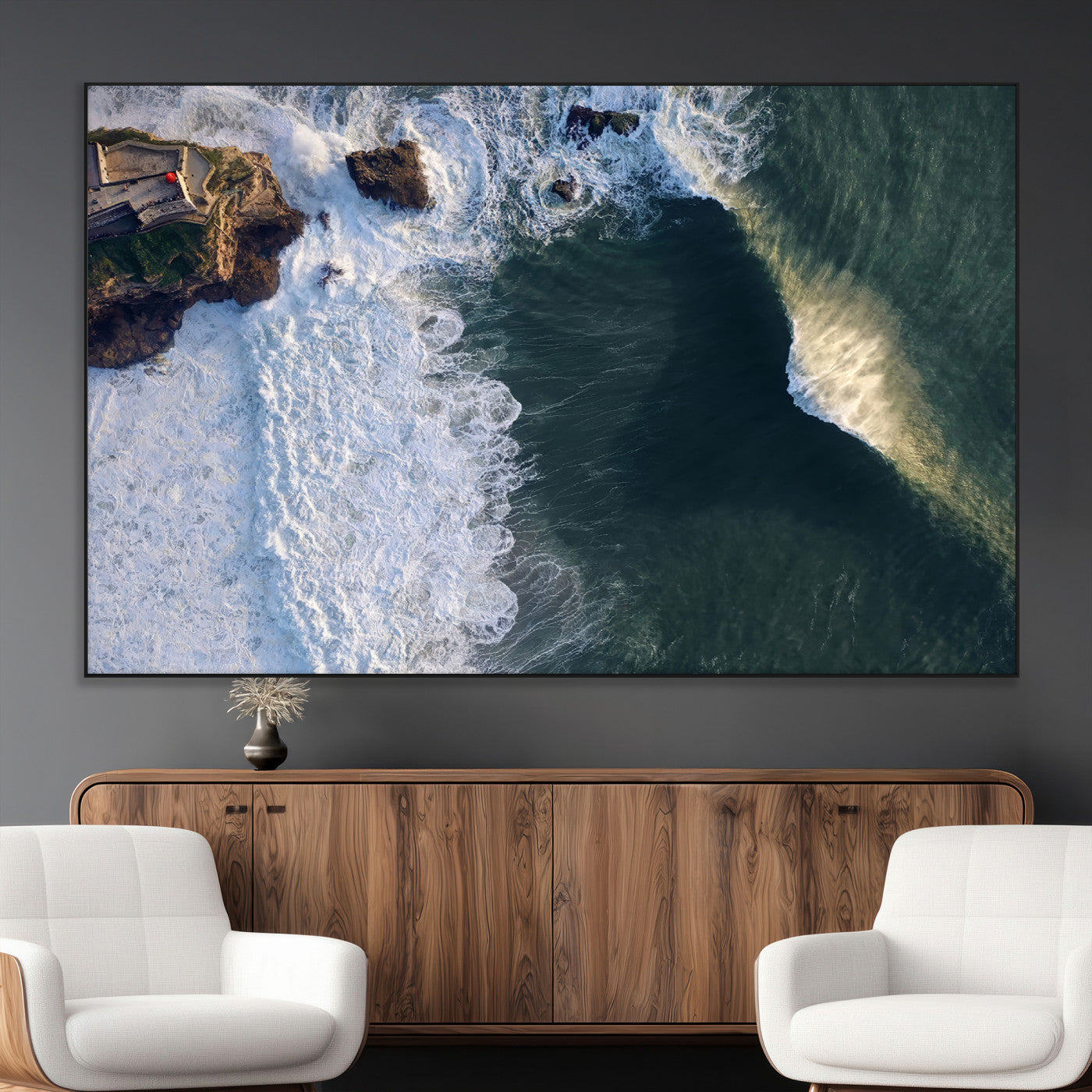Canvas showing an aerial view of crashing waves along the Nazaré coastline, perfect for dramatic coastal or ocean-themed home decor.