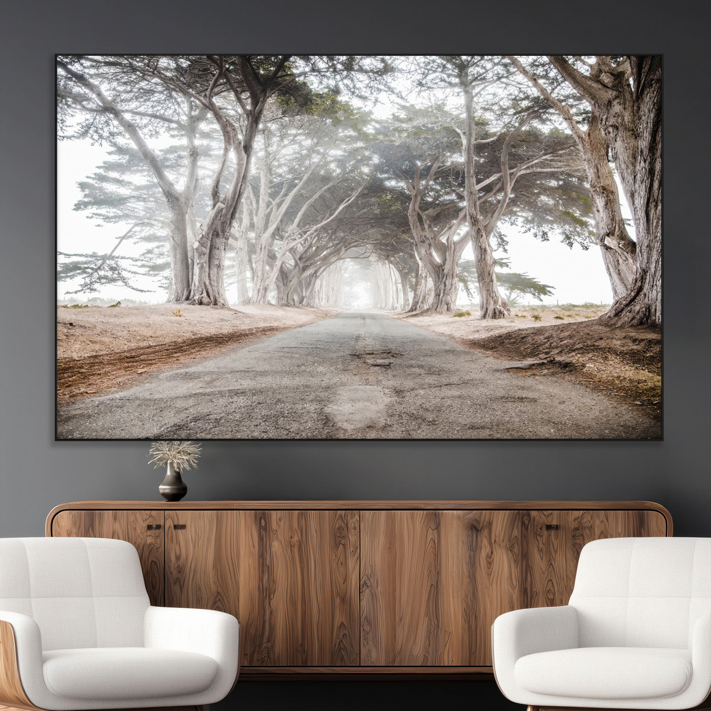 Canvas of a misty tree tunnel with arching cypress trees and an earthy road, ideal for rustic or coastal nature decor.