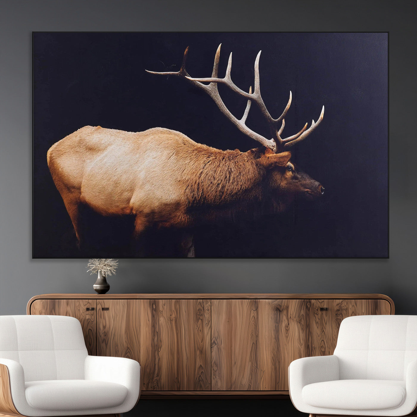 Side profile of an elk with large antlers on dark background, creating a bold rustic statement for cabin or Western-themed decor.