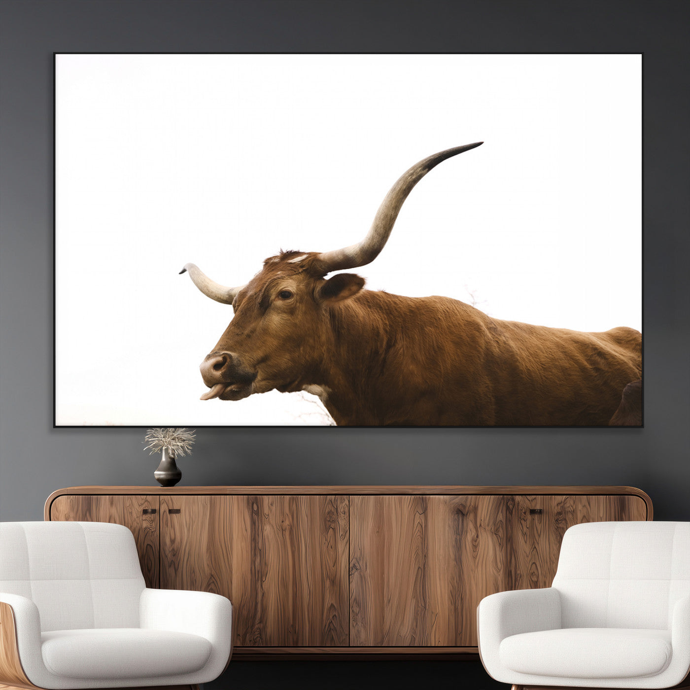 Minimal photo of a longhorn cow with white background, ideal for rustic, western or farmhouse-style interior decor.