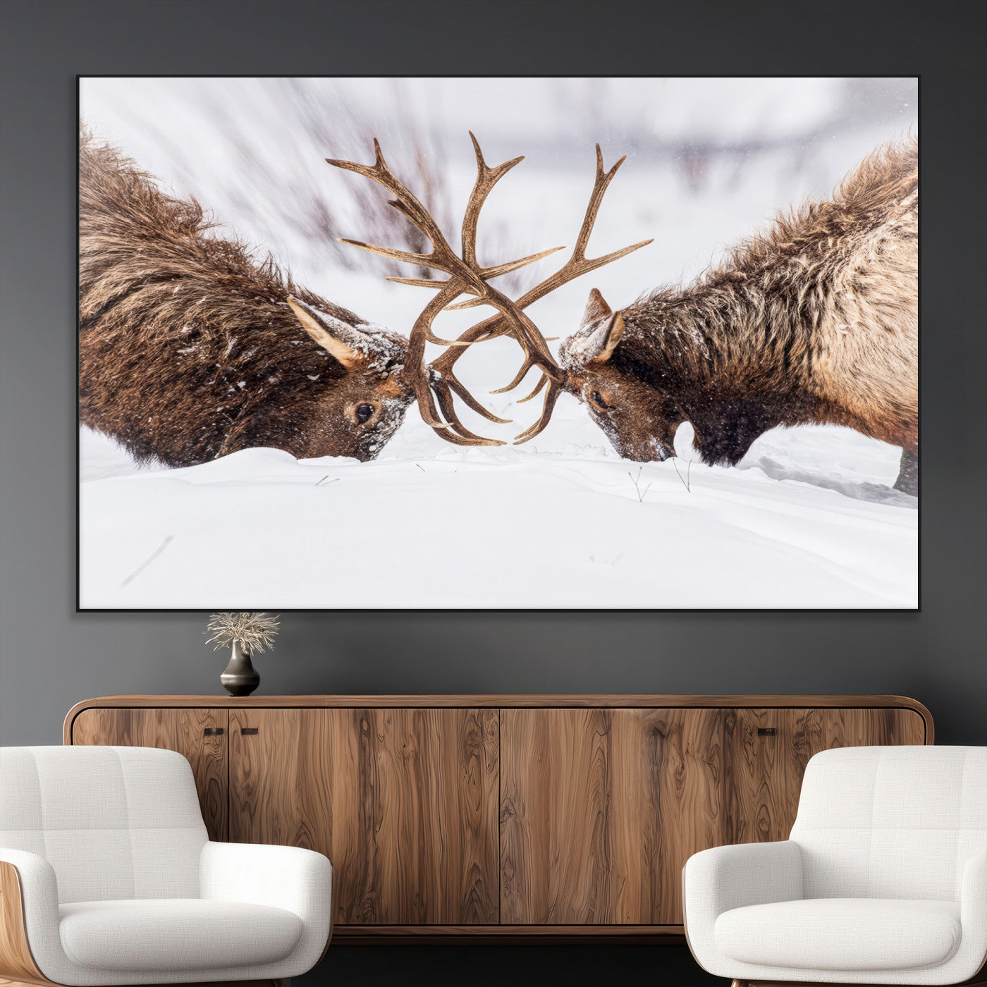 Two elk clashing antlers in a snowy forest, capturing raw power and wild energy, ideal for rustic cabin or lodge-style decor.