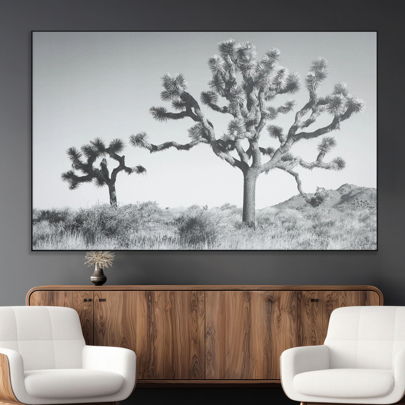 Black and white Joshua tree in a desert landscape with soft light and dry brush, perfect for rustic or minimalist home decor.