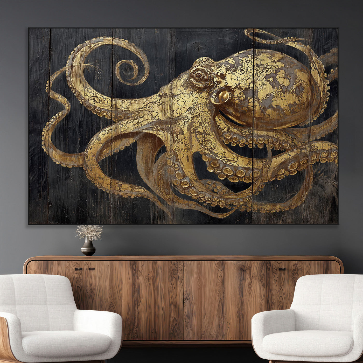 A detailed gold illustration of an octopus on black wooden planks, showing its intricate tentacles and textured skin in an artistic style.
